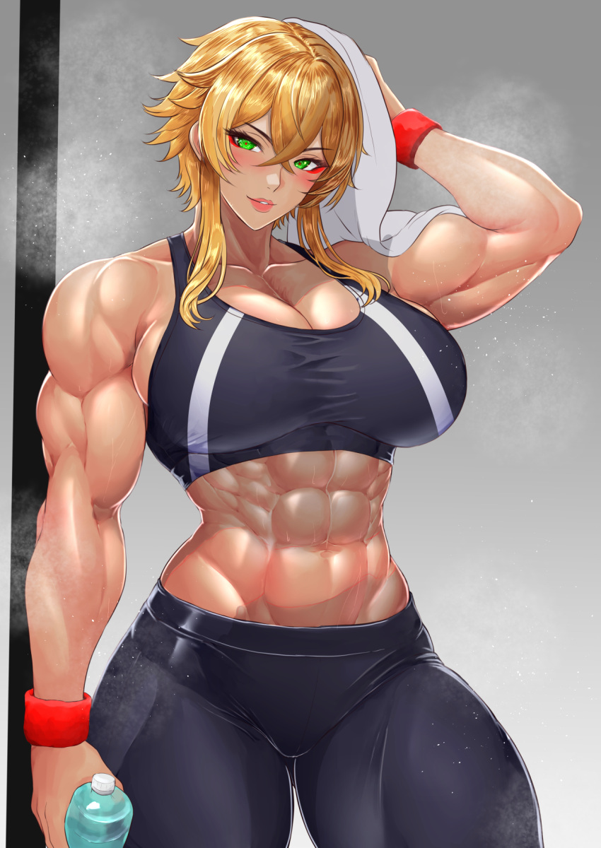 1girl, abs, bare_shoulders, biceps, black_sports_bra, blonde_hair, blush, breasts