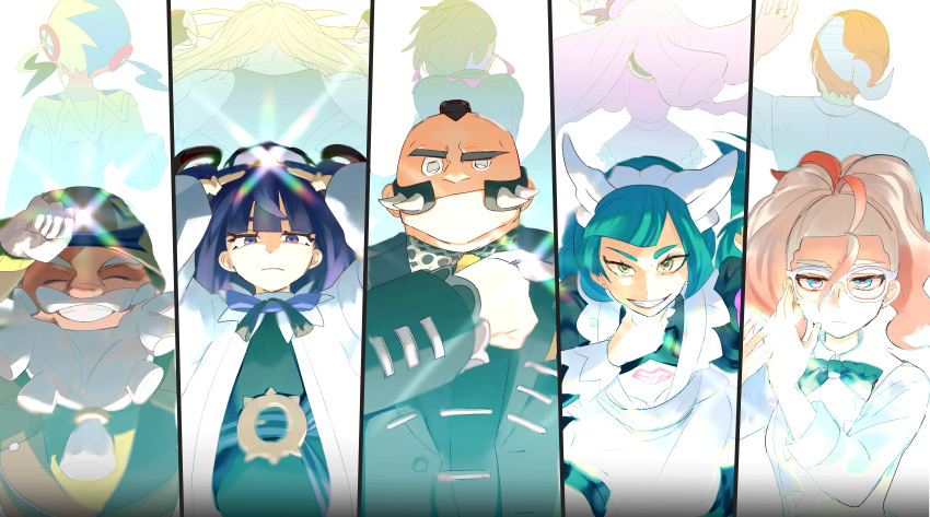 5boys, 5girls, absurdres, apron, badge, beard, belt, black_hair, black_suit, bow, bowtie, canari_(pokemon), corbeau_(pokemon), facial_hair, glasses, gomabu_(rirurutennsi), green_hair, grey_hair, grin, griselle_(pokemon), grisham_(pokemon), gwynn_(pokemon), hard_hat, helmet, highres, ivor_(pokemon), jacinthe_(pokemon), jacket, jewelry, lebanne_(pokemon), maid_apron, maid_headdress, mega_stone, mohawk, multiple_boys, multiple_girls, mustache, philippe_(pokemon), pokemon, pokemon_legends:_z-a, purple_hair, ring, smile, suit, tarragon_(pokemon), white_jacket