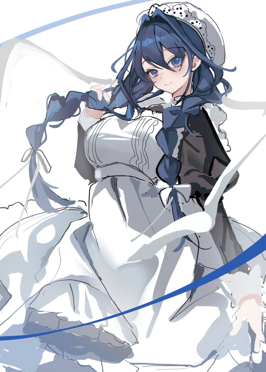 1girl, absurdres, apron, blue_eyes, blue_hair, bow, breasts, frills