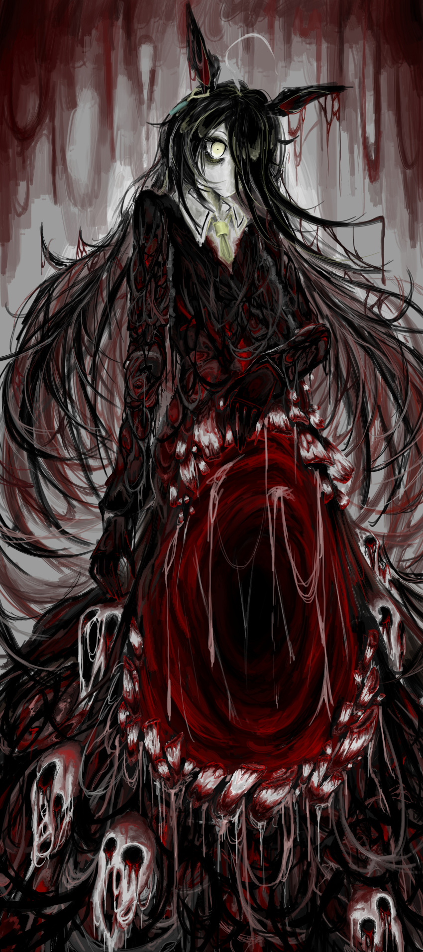 1girl, absurdres, ahoge, animal_ears, bags_under_eyes, black_dress, black_gloves, black_hair, black_shirt, collared_shirt, dress, dripping, extra_mouth, gloves, grey_hair, hair_over_one_eye, highres, horror_(theme), horse_ears, horse_girl, limbus_company, long_bangs, long_hair, long_sleeves, manhattan_cafe_(creeping_black)_(umamusume), manhattan_cafe_(umamusume), monster_girl, mountain_of_smiling_bodies, multicolored_hair, no_mouth, open_mouth, project_moon, repusstaxx, shirt, umamusume, very_long_hair