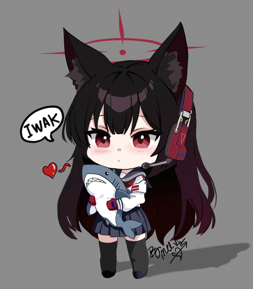 1girl, animal_ear_fluff, animal_ears, black_sailor_collar, black_skirt, black_thighhighs, blue_archive, blunt_bangs