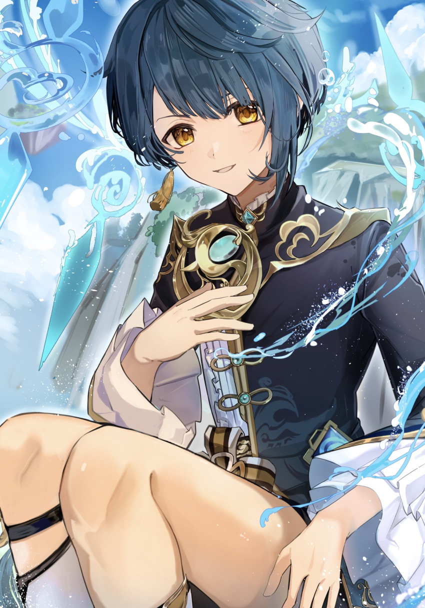 1boy, blue_hair, commentary_request, earrings, genshin_impact, girly_boy, highres, jewelry, light_blush, long_sleeves, looking_at_viewer, male_focus, sahi00000, short_hair, single_earring, sitting, smile, solo, tassel, tassel_earrings, thighs, xingqiu_(genshin_impact), yellow_eyes