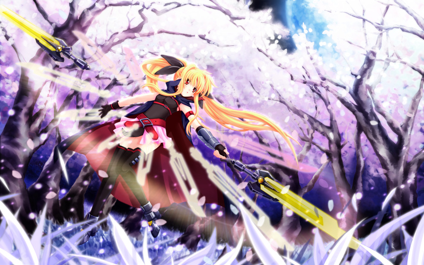 amber_(nickynike), bardiche, blonde_hair, cherry_blossoms, cloak, fate_testarossa, hair_ribbon, highres, long_hair, lyrical_nanoha, mahou_shoujo_lyrical_nanoha, mahou_shoujo_lyrical_nanoha_a's, open_mouth, red_eyes, ribbon, solo, sword, thighhighs, tree, twintails, very_long_hair, weapon