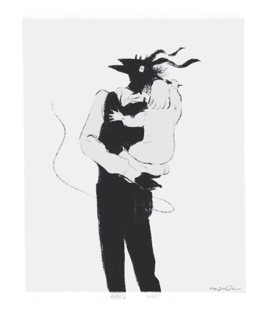 1boy, 1girl, body_fur, boots, carrying, child, child_carry, commentary_request, cowboy_shot, dress, grabbing_another's_ear, grey_background, greyscale, hand_on_another's_ear, highres, horns, looking_at_another, monochrome, nagabe, sensei_(totsukuni_no_shoujo), shiva_(totsukuni_no_shoujo), simple_background, solo, standing, tail, totsukuni_no_shoujo, vest