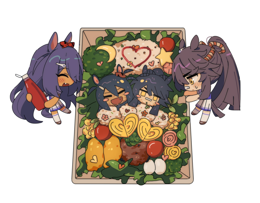 2girls, animal_ears, bandaid, bandaid_on_face, bandaid_on_nose, bento, black_hair, blush