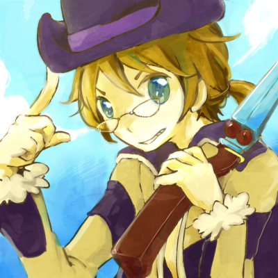 1boy, 91s, blue_background, blue_eyes, brown_coat, brown_hair, coat, commentary_request, cowboy_hat, glasses, grin, gunslinger_(ragnarok_online), hat, index_finger_raised, long_sleeves, looking_at_viewer, lowres, male_focus, purple_hat, ragnarok_online, short_hair, smile, solo, upper_body