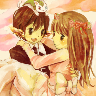 1boy, 1girl, 91s, animal_on_head, bow, bride, brown_eyes, brown_hair
