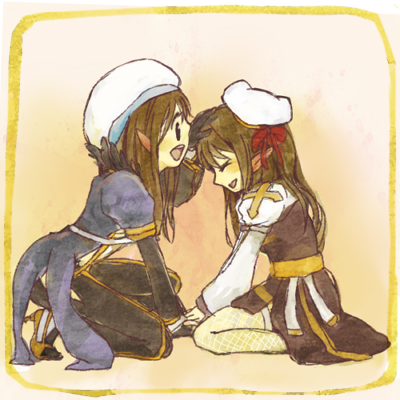 2girls, 91s, arch_bishop_(ragnarok_online), beret, black_dress, black_eyes, black_gloves, black_pants