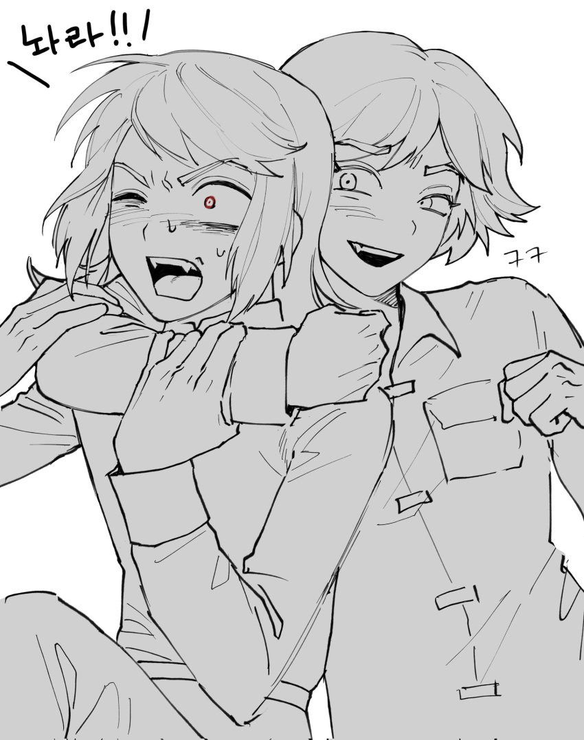 1boy, 1girl, abaddon_(haunted_hotel), abaddon_(human)_(haunted_hotel), arm_around_neck, coat, commentary_request, esther_freeling