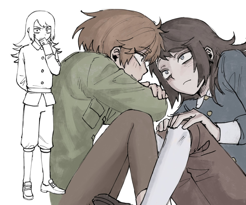 1boy, 1girl, abaddon_(haunted_hotel), abaddon_(human)_(haunted_hotel), blue_coat, blue_eyes, brown_hair, coat, commentary_request, crossed_arms, esther_freeling, green_coat, hands_on_own_knees, haunted_hotel, highres, knees_up, korean_commentary, lifeisassholee, long_hair, looking_at_another, multiple_views, short_hair, simple_background, sitting, white_background