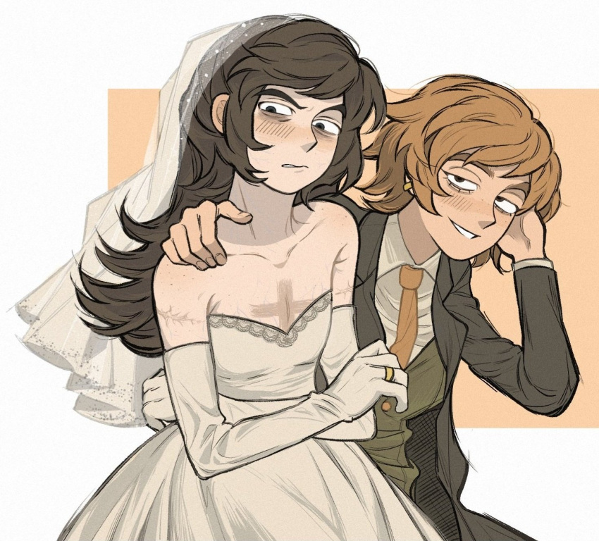 1boy, 1girl, abaddon_(haunted_hotel), abaddon_(human)_(haunted_hotel), black_eyes, bride, brown_eyes, brown_hair, cowboy_shot, cross_scar, crossdressing, crossdressing_(ftm), crossdressing_(mtf), dress, elbow_gloves, english_commentary, esther_freeling, gloves, green_vest, groom, hand_on_another's_shoulder, haunted_hotel, hetero, highres, jewelry, lifeisassholee, long_hair, looking_at_viewer, orange_background, ring, scar, scar_on_arm, scar_on_chest, short_hair, simple_background, strapless, strapless_dress, suit, veil, vest, wedding_dress, white_dress