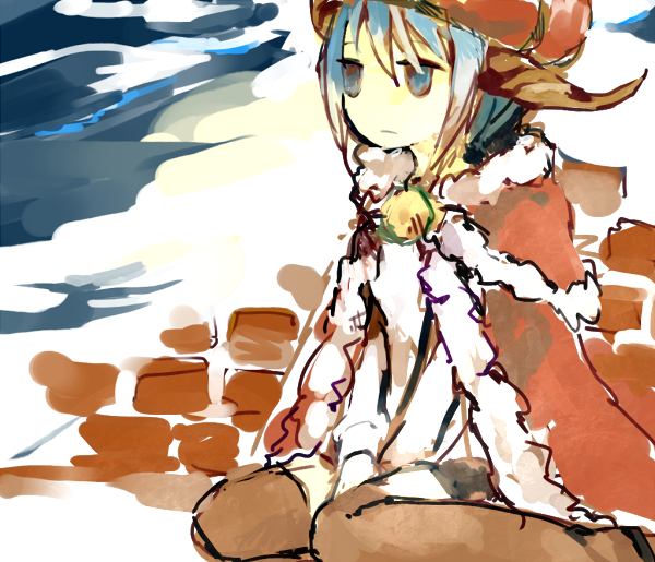 1girl, 91s, blue_eyes, blue_hair, brick_wall, brown_horns, cape, closed_mouth