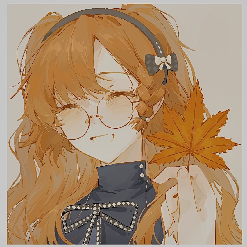 1girl, 1other, ^_^, autumn_leaves, black_hairband, blue_dress, border, checkered_ribbon