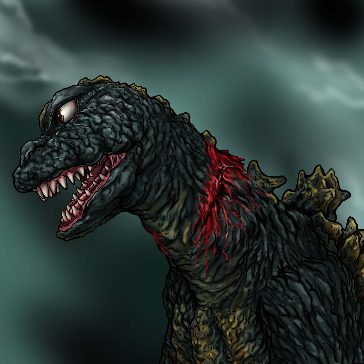 black_background, bleeding, blood, brown_eyes, commentary, gradient_background, gradient_scales, green_background