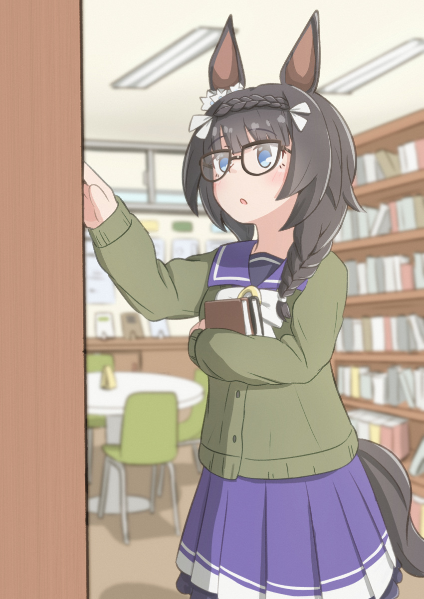 1girl, animal_ears, black-framed_eyewear, black_hair, blue_eyes, blush, book, bookshelf