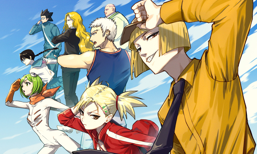 3girls, 5boys, aikawa_love, bandana, bandana_around_neck, black_hair, black_necktie, bleach