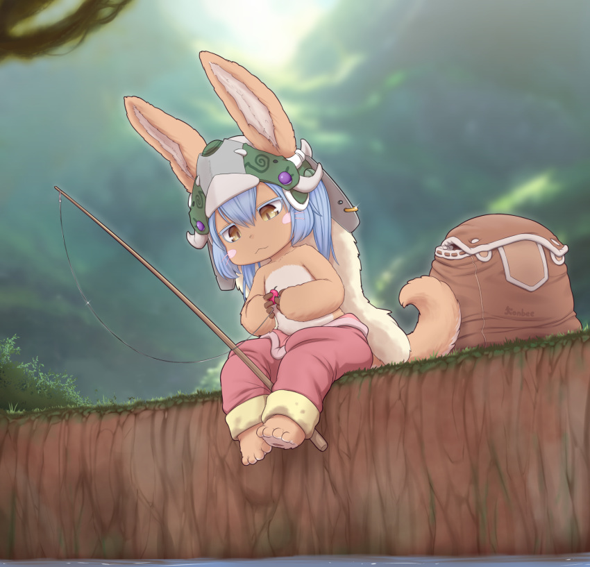 1other, :3, animal_ears, bag, blue_hair, brown_eyes, commentary, fishing_rod