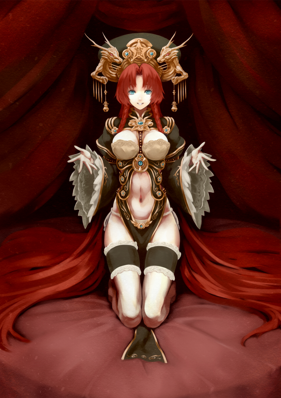 alternate_costume, bad_id, blue_eyes, braid, breasts, center_opening, cleavage, cleavage_cutout