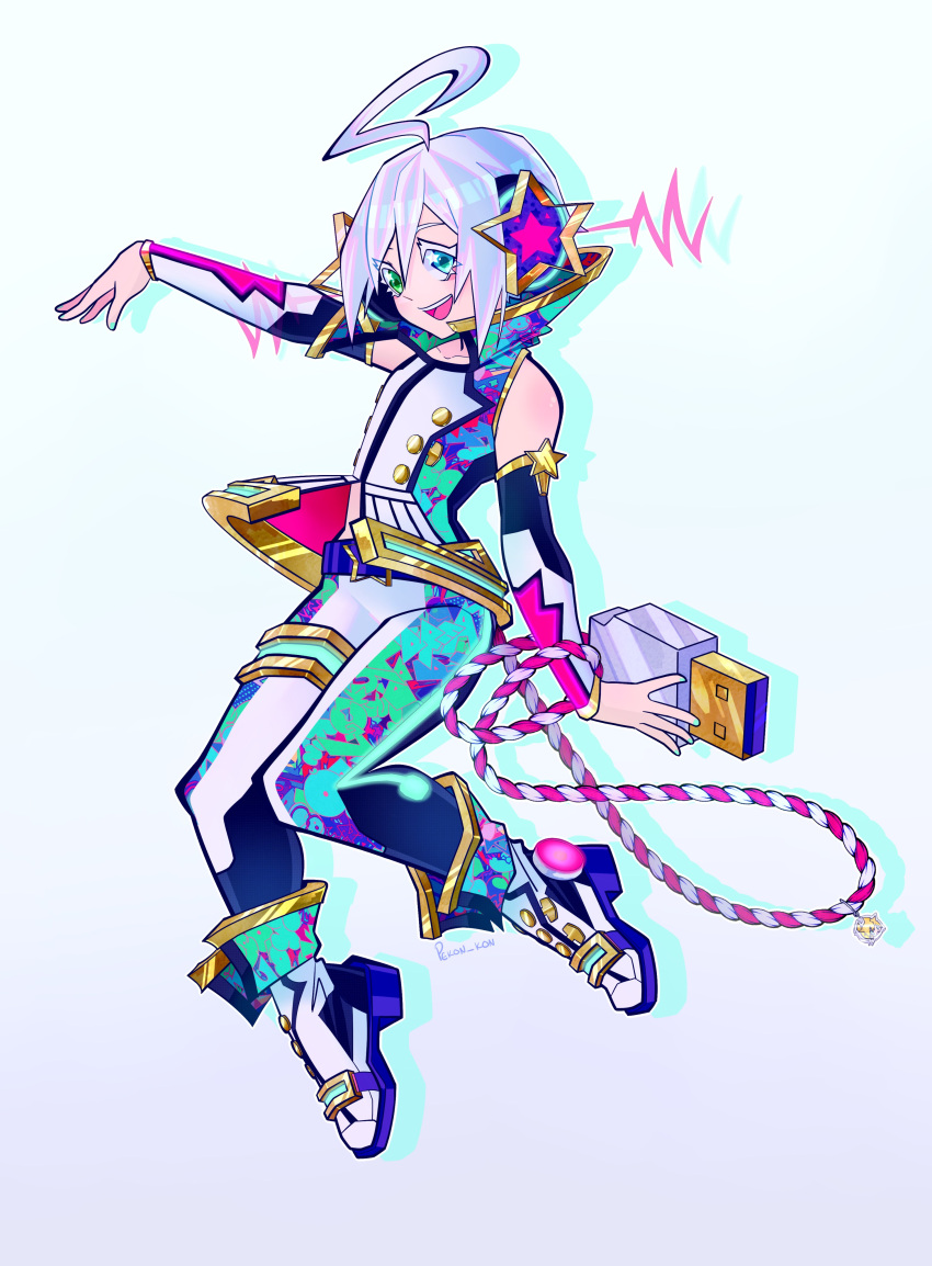 1boy, :d, absurdres, ahoge, alternate_costume, ankle_boots, blue_eyes, boots