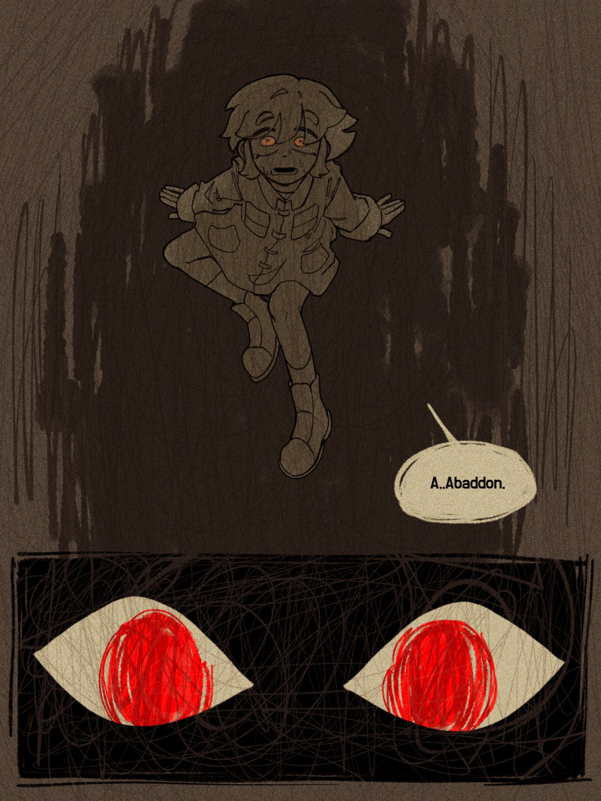 1boy, 1girl, abaddon_(demon)_(haunted_hotel), abaddon_(haunted_hotel), brown_background, coat, commentary_request, english_text