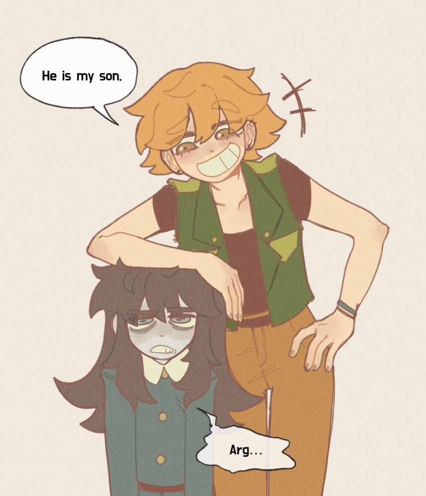 +++, 1boy, 1girl, abaddon_(haunted_hotel), abaddon_(human)_(haunted_hotel), aged_up, arm_on_another's_head, bags_under_eyes