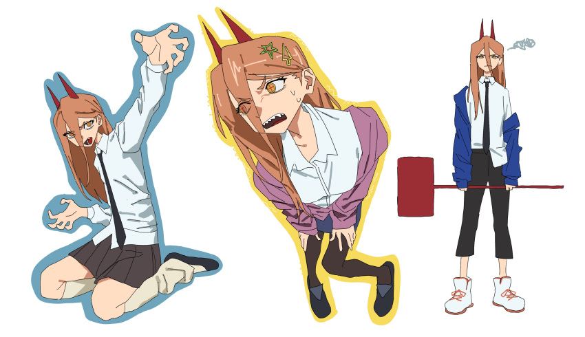 1girl, absurdres, black_necktie, black_pants, black_skirt, blue_jacket, brown_eyes, brown_hair
