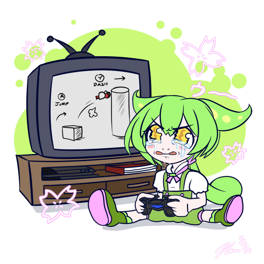 1girl, book, boots, commentary_request, controller, crt, crying, crying_with_eyes_open, cuphead, cuphead_(game), failure, full_body, game_console, game_controller, green_boots, green_hair, green_shorts, holding, holding_controller, holding_game_controller, lazaruscross, long_hair, low_ponytail, open_mouth, pea_pod, playing_games, playstation_4, ponytail, shirt, shorts, snot, solo, suspenders, tears, television, v-shaped_eyebrows, voiceroid, voicevox, white_background, white_shirt, yellow_eyes, zundamon