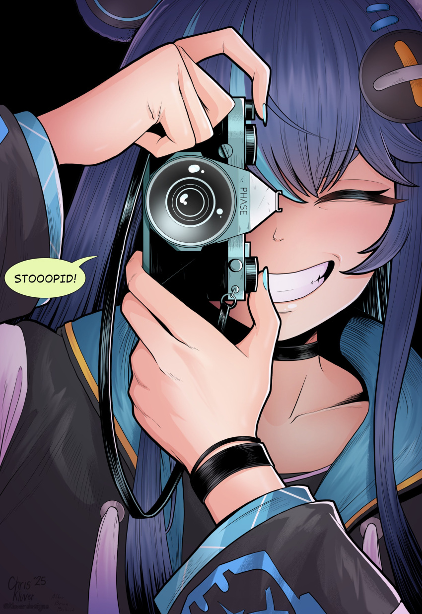 1girl, absurdres, animal_ears, batman_(series), bear_ears, bear_girl, blue_hair, camera