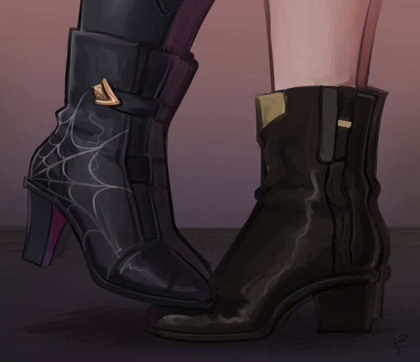 2girls, bernirera, black_shoes, boots, commentary, english_commentary, feet, foot_focus, high_heel_boots, high_heels, highres, honkai:_star_rail, honkai_(series), implied_yuri, kafka_(honkai:_star_rail), lower_body, multiple_girls, pale_skin, shoes, signature, simple_background, standing, standing_on_another's_feet, stelle_(honkai:_star_rail), trailblazer_(honkai:_star_rail)