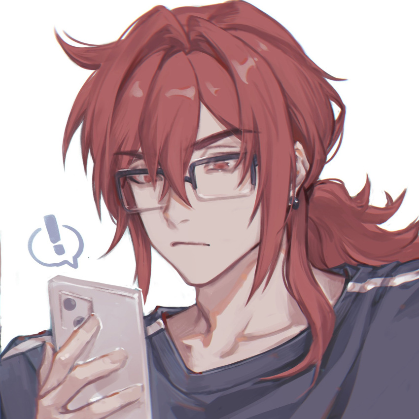 !, 1boy, bespectacled, bh495, black_shirt, cellphone, closed_mouth, crew_neck