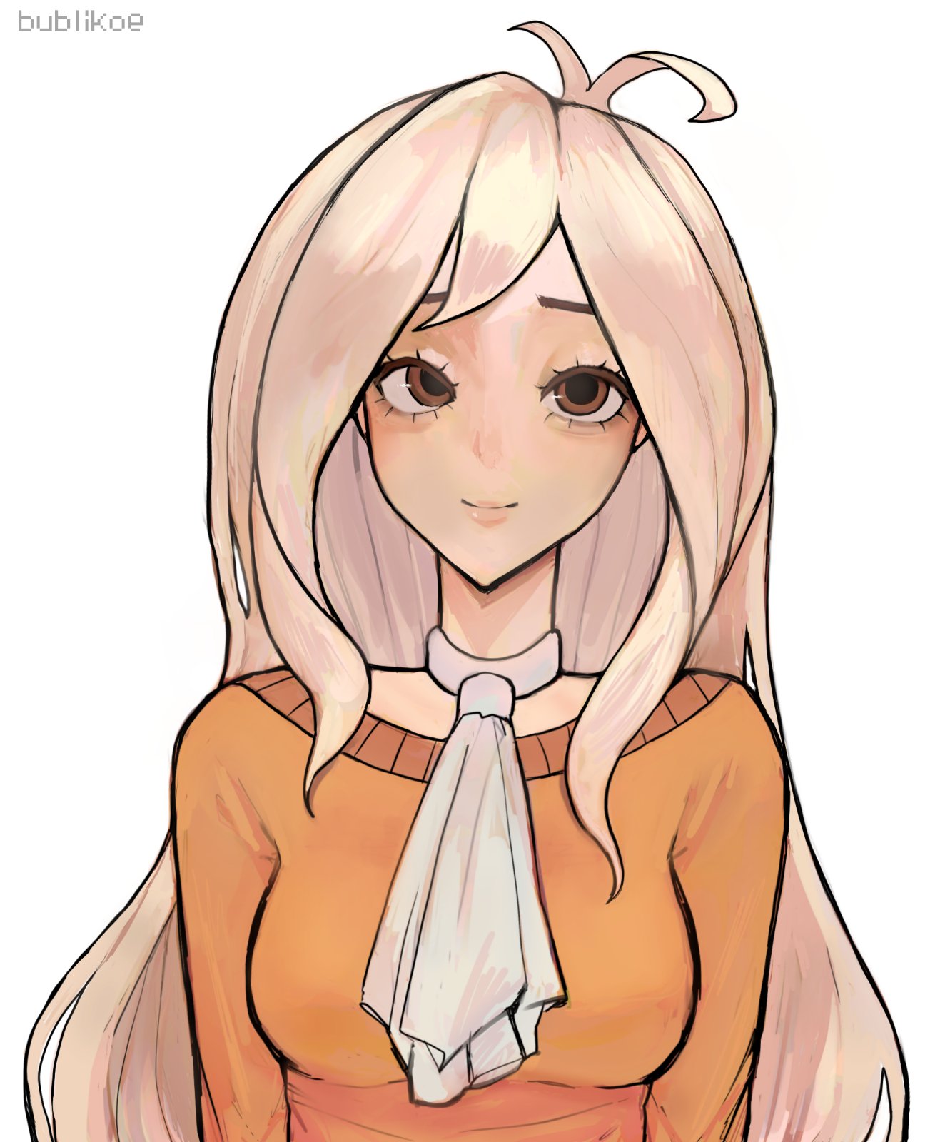 1girl, antenna_hair, arms_at_sides, artist_name, ascot, blonde_hair, breasts, bublikoe