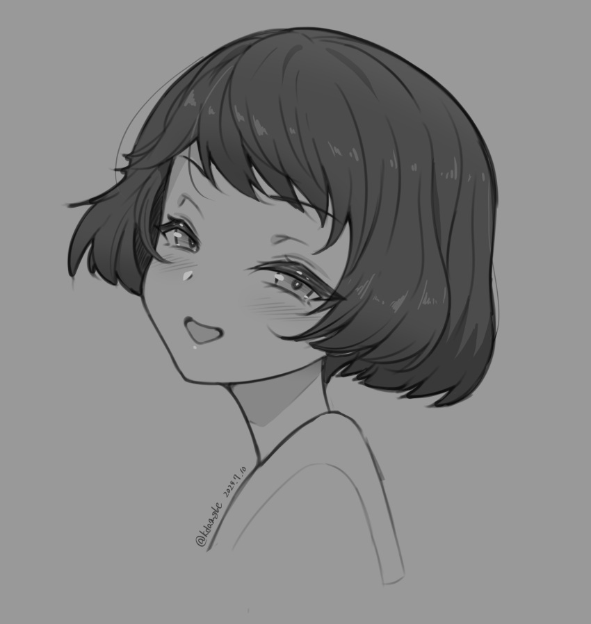 1girl, :d, artist_name, blush, bob_cut, close-up, commentary, cropped_torso