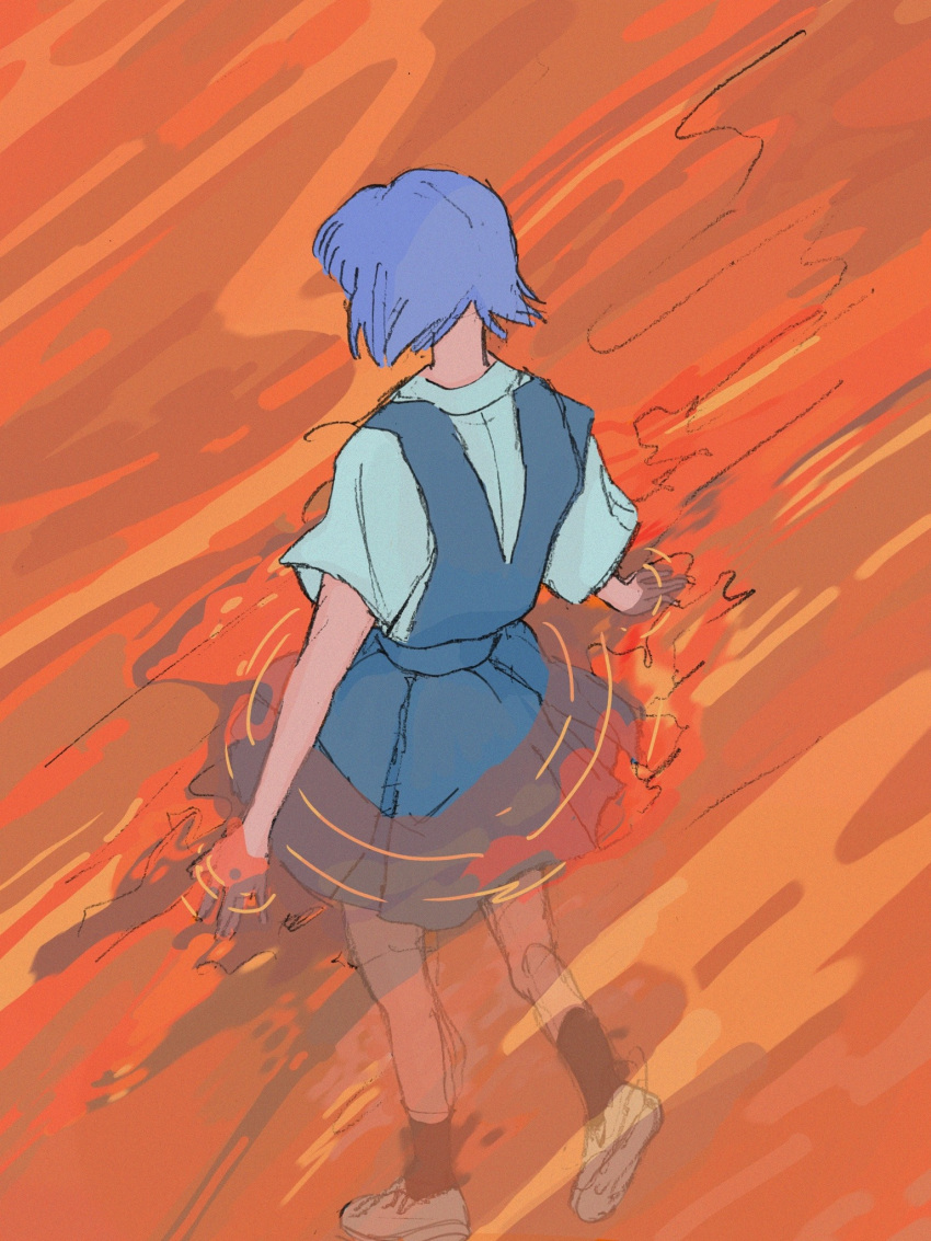 a-pose, ayanami_rei, black_socks, blue_hair, blue_skirt, collared_shirt, commentary, corduroy_(cordrawroy), dress_shirt, english_commentary, engrish_commentary, facing_away, from_above, from_behind, highres, kneehighs, lcl, neon_genesis_evangelion, partially_immersed, pleated_skirt, ripples, school_uniform, shirt, shoes, short_hair, sketch, skirt, socks, suspender_skirt, suspenders, tokyo-3_middle_school_uniform, uwabaki, wading, walking, white_shirt, white_shoes