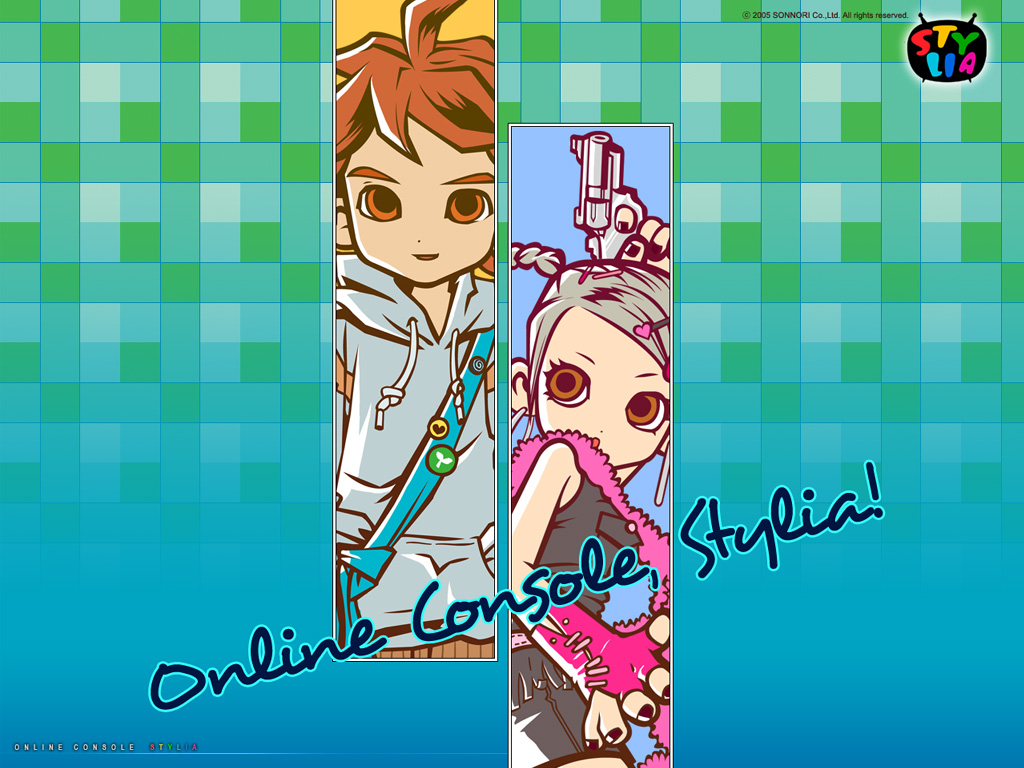 1boy, 1girl, 2000s_(style), 2005, ahoge, anime_coloring, aqua_background, badge