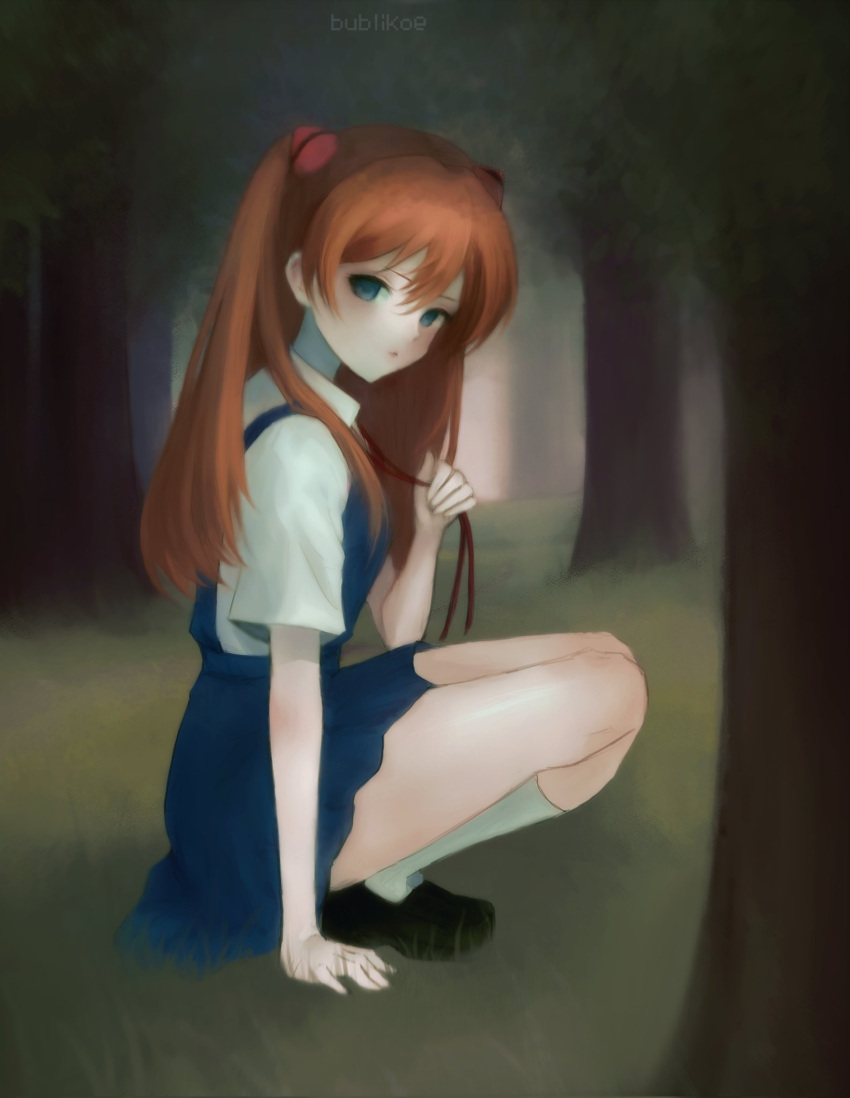 1girl, :<, artist_name, black_shoes, blue_eyes, blue_skirt, bublikoe, closed_mouth