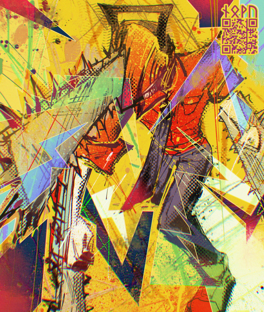 1boy, absurdres, alternate_form, black_necktie, black_pants, chainsaw, chainsaw_man, denji_(chainsaw_man)