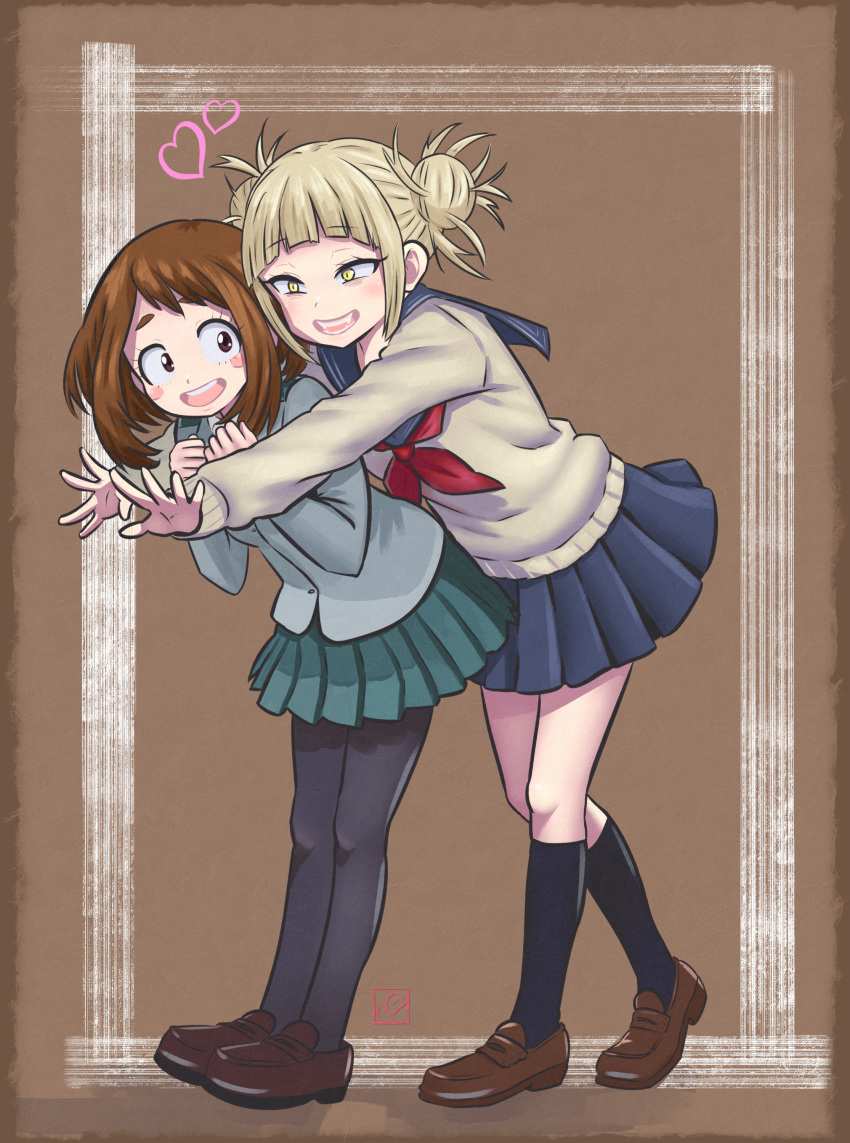 2girls, absurdres, blonde_hair, boku_no_hero_academia, brown_hair, cardigan, commentary, double_bun