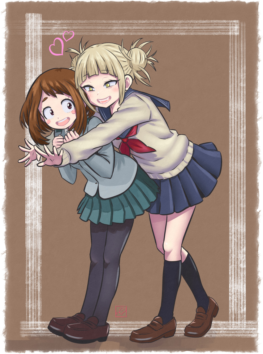 2girls, absurdres, blonde_hair, boku_no_hero_academia, border, brown_hair, cardigan, commentary