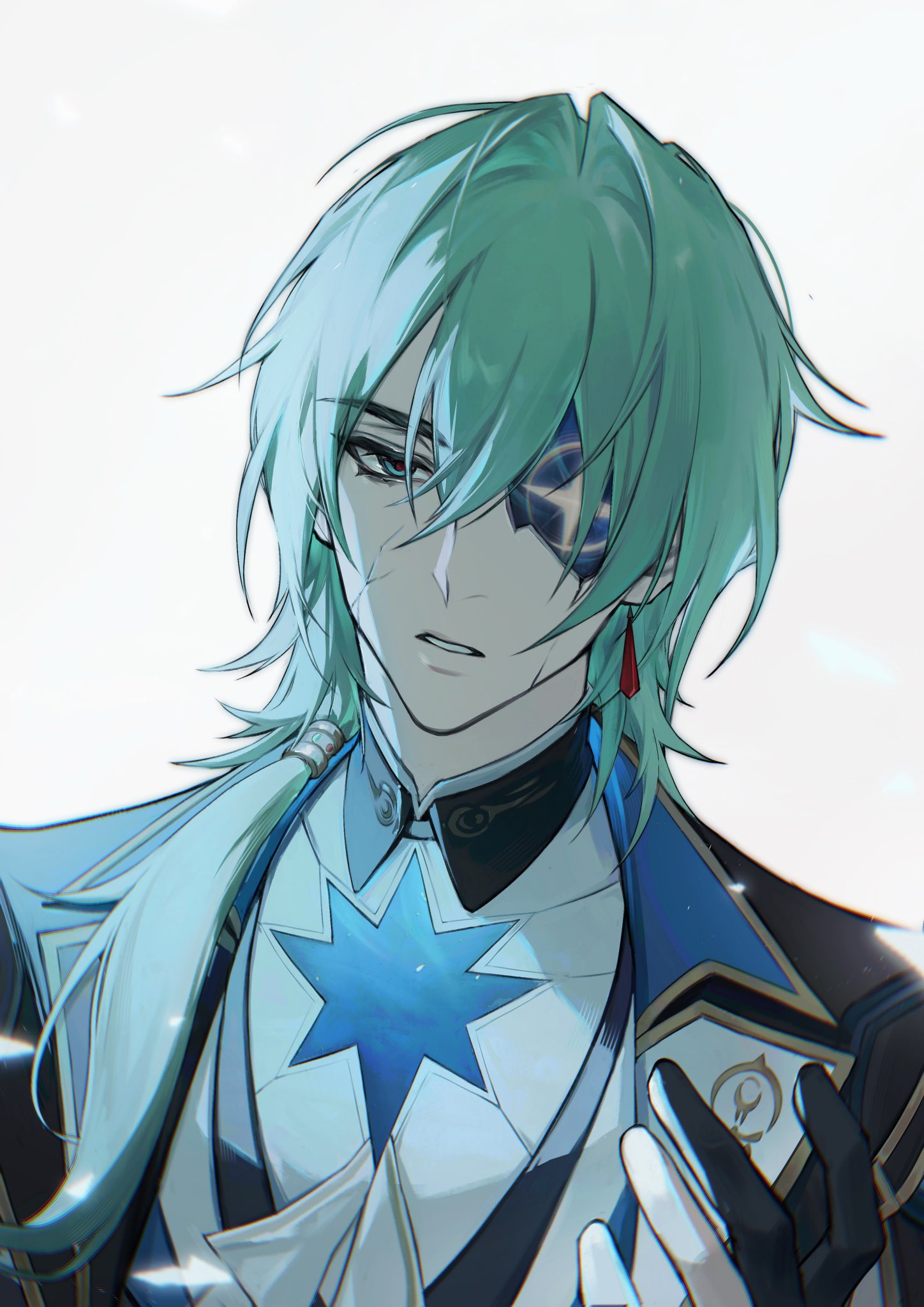 1boy, anaxa_(honkai:_star_rail), aqua_eyes, arm_up, bh495, black_gloves, collared_shirt, cracked_skin, eyelashes, gloves, green_hair, hair_between_eyes, hashtag-only_commentary, highres, honkai:_star_rail, honkai_(series), jacket, long_hair, male_focus, parted_lips, partially_fingerless_gloves, shirt, side_ponytail, simple_background, solo, teeth, upper_body, white_background