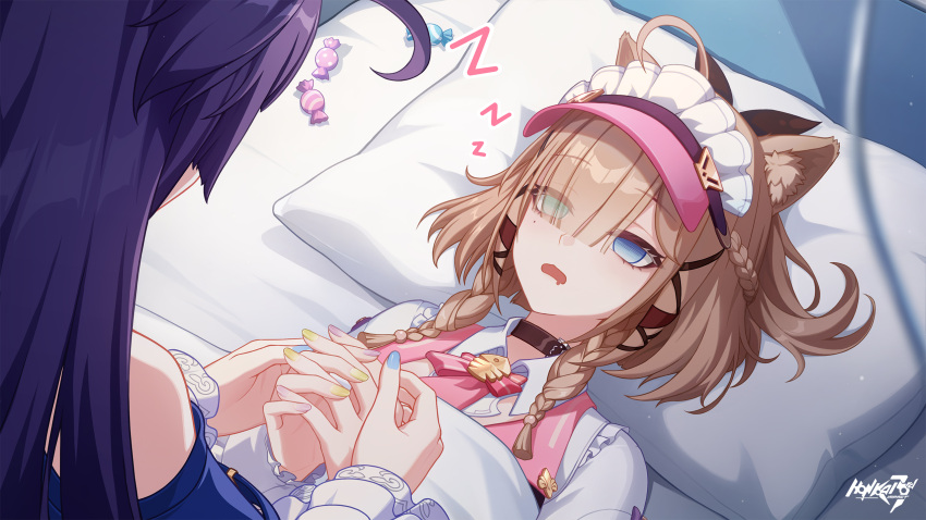 2girls, ahoge, animal_ears, blue_eyes, blue_nails, blunt_bangs, brown_hair, candy