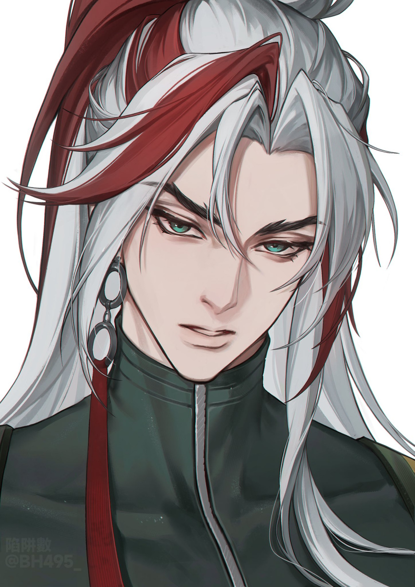 1boy, aqua_eyes, bh495, black_shirt, earrings, eyelashes, hashtag-only_commentary, heartsteel_yone