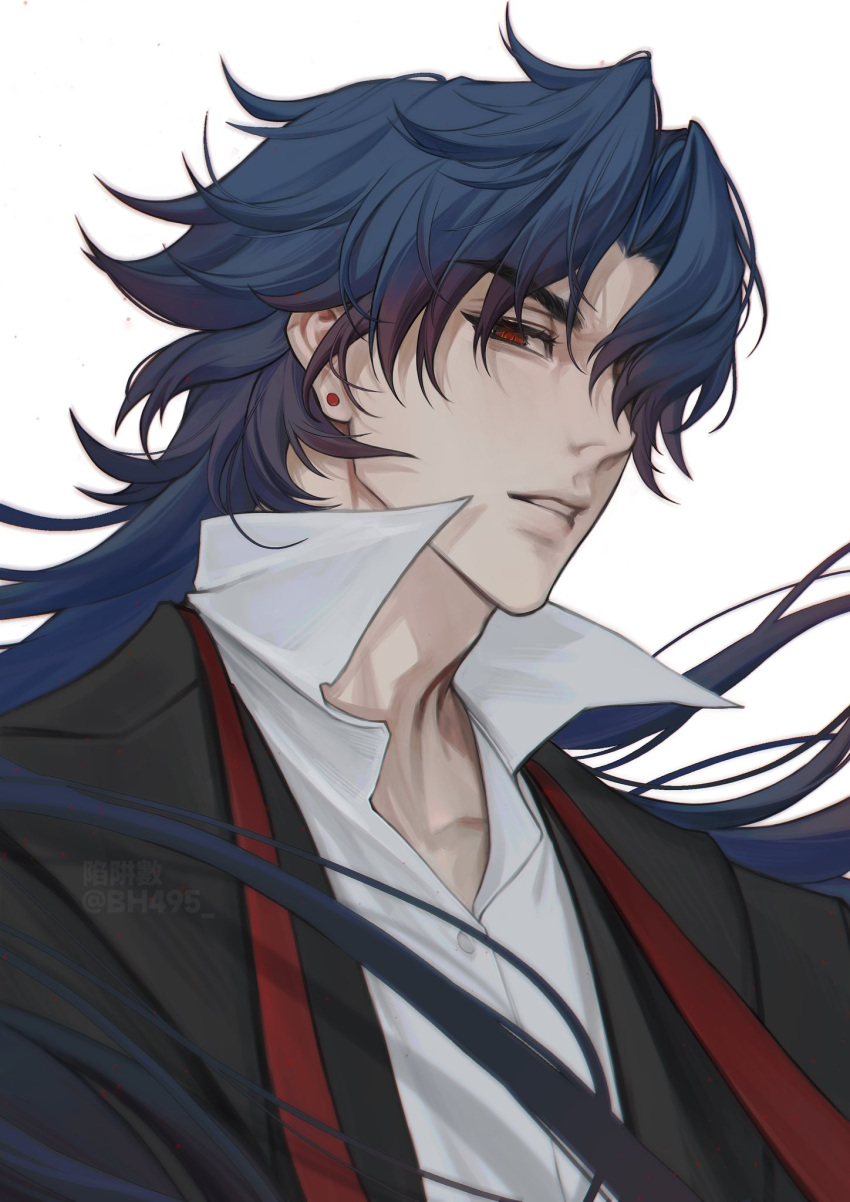 1boy, bh495, black_jacket, blade_(honkai:_star_rail), blue_hair, collared_shirt, earrings, floating_hair