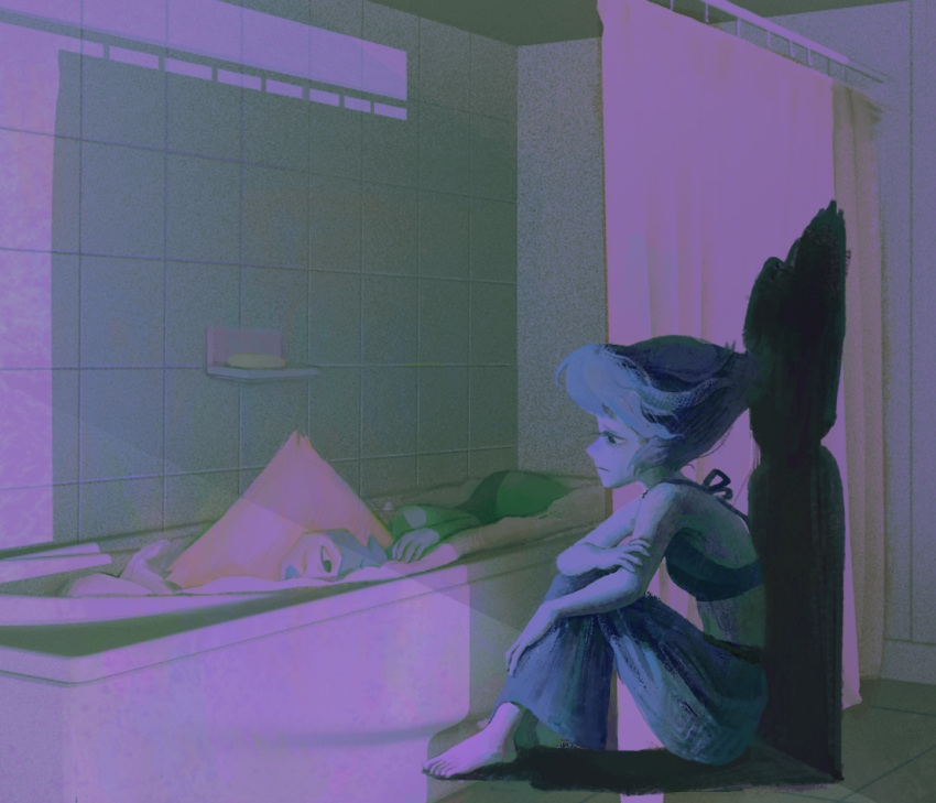 2girls, blue_hair, blue_skin, colored_skin, commentary, english_commentary, forehead_jewel, gem_(steven_universe)