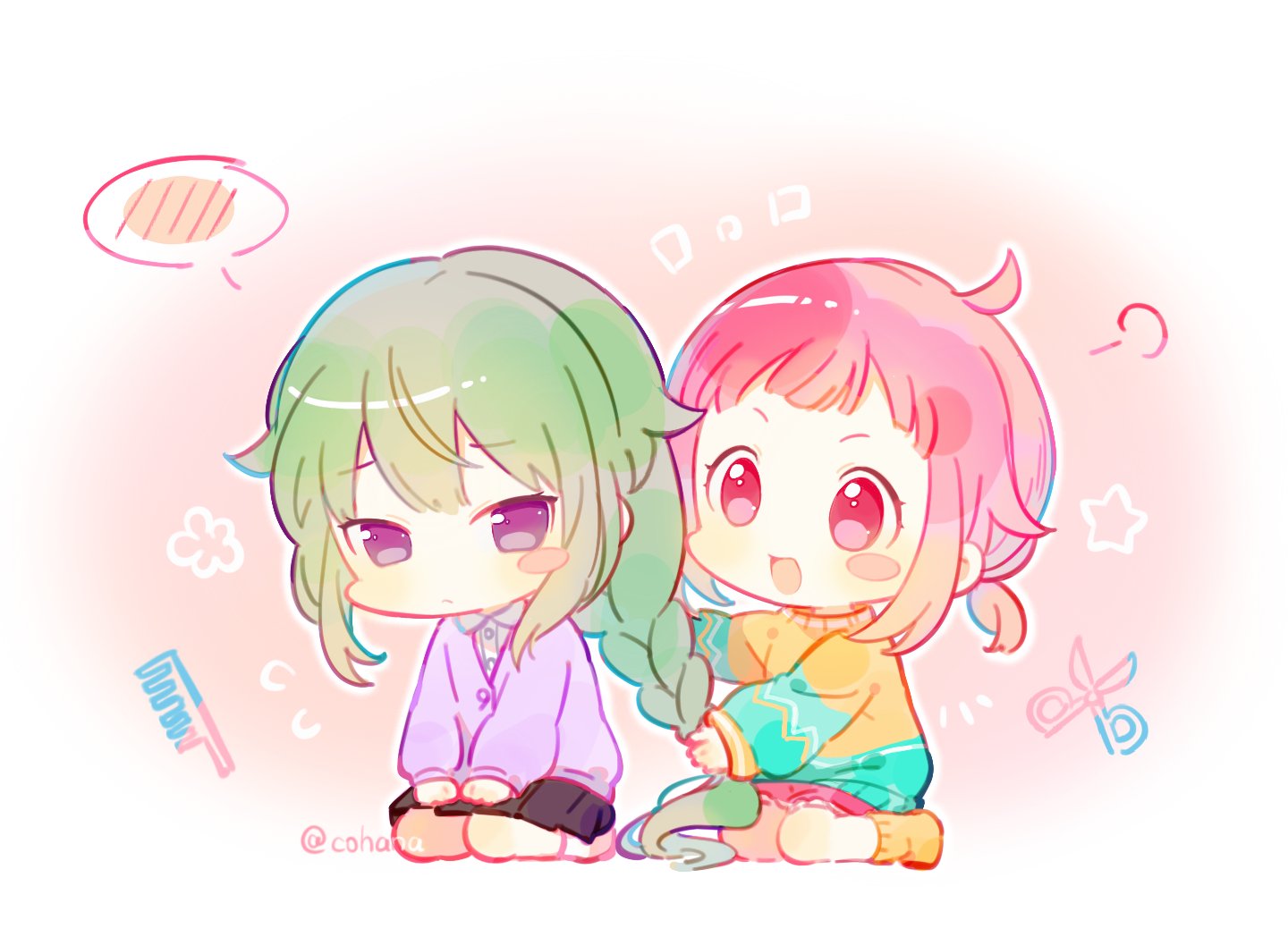 2girls, :d, adjusting_another's_hair, ahoge, alternate_hairstyle, ankle_socks, aqua_sweater, atashi-tachi_no_happy_end_(project_sekai)