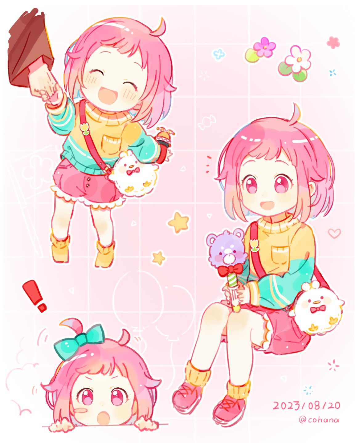 !, 1boy, 1girl, 2023, :d, :o, ^_^, aged_down, ahoge, animal_bag, ankle_socks, aqua_bow, aqua_sweater, atashi-tachi_no_happy_end_(project_sekai), bag, balloon, bare_legs, blush_stickers, bow, child, closed_eyes, cohana, dated, flower, frilled_shorts, frills, full_body, grandfather_and_granddaughter, grid_background, hair_bow, hair_flaps, hashtag-only_commentary, heart, highres, holding, holding_hands, holding_toy, invisible_chair, long_sleeves, looking_at_viewer, multiple_views, no_pupils, no_shoes, one_side_up, ootori_emu, ootori_rakunosuke, open_mouth, orange_socks, orange_sweater, outline, pink_background, pink_eyes, pink_flower, pink_hair, pink_shoes, pink_shorts, project_sekai, puffy_long_sleeves, puffy_shorts, puffy_sleeves, shoes, short_bangs, short_hair, shorts, shoulder_bag, simple_background, single_blush_sticker, sitting, smile, socks, standing, star_(symbol), sweater, tongue, toy, two-tone_sweater, white_flower, white_outline