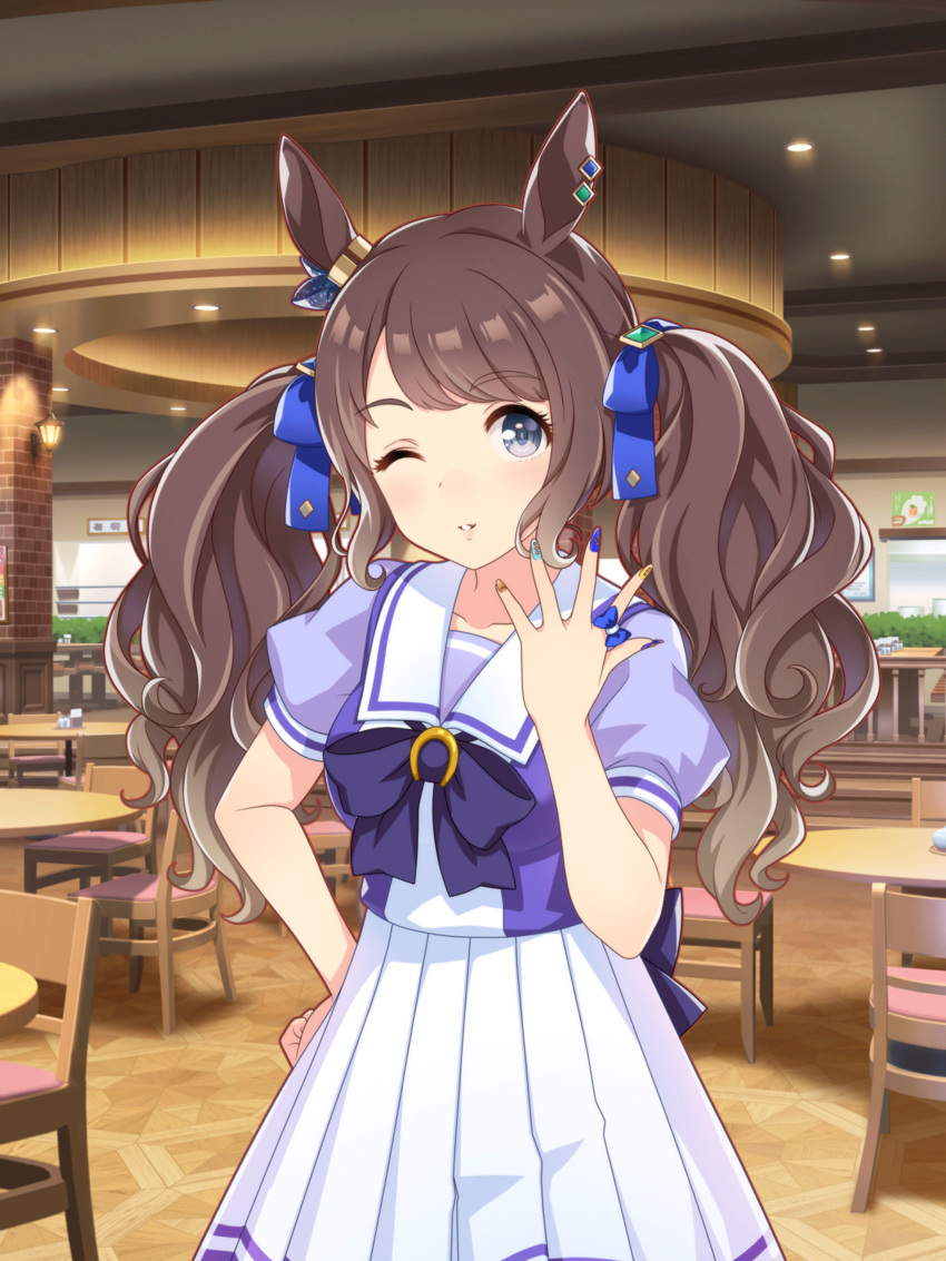 1girl, absurdres, animal_ear_piercing, animal_ears, aqua_nails, artist_request, back_bow, blue_bow
