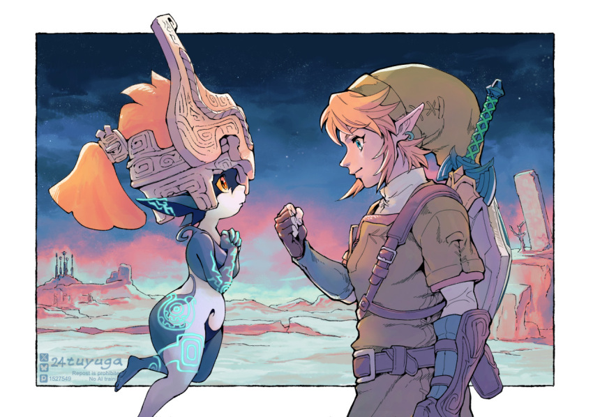 1boy, 1girl, belt, belt_buckle, blonde_hair, blue_eyes, border, buckle