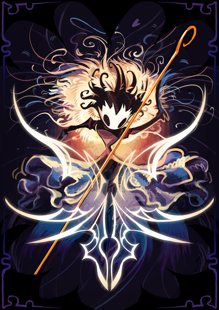 1other, absurdres, black_background, black_hair, black_skin, brown_dress, colored_skin, colorful_background, dress, facing_viewer, floating_clothes, floating_hair, highres, holding, holding_weapon, hollow_eyes, hollow_knight, hollow_knight:_silksong, llama_pear, looking_down, mask, orange_background, other_focus, outstretched_arms, phantom_(hollow_knight), pin_(hollow_knight), purple_background, see-through_clothes, see-through_dress, short_hair, sleeveless, sleeveless_dress, solo, spiky_hair, strapless, strapless_dress, string, striped_background, weapon, white_mask, yellow_fur