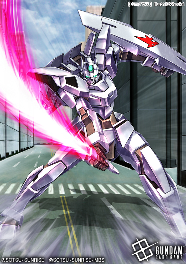 aqua_eyes, copyright_logo, copyright_notice, crosswalk, energy_sword, g-exes, gundam, gundam_age