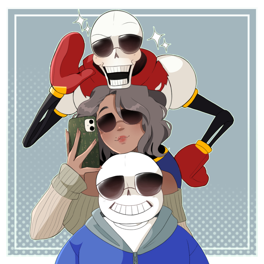 1:1, 1girl, 2024, 2boys, 2d, armor, behind_another, blue_jacket